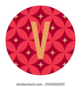 Luxurious red floral pattern with a gold letter V inside a circular frame. Perfect for premium branding, creative design projects, and decorative graphic applications