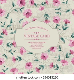 Luxurious red flowers background with a vintge label. Vector illustration.