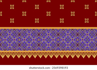 Luxurious Red and Gold Ornamental Border Design with Blue Intricate Mandala Patterns – Perfect for Textile Prints, Home Decor, Traditional Themes, and Elegant Craft Projects