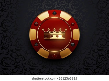 Luxurious red and gold poker chip with royal crown icon on dark floral background. Ideal for casino, gambling, poker, VIP games, and elegant gaming themes