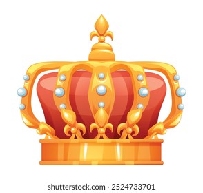 Luxurious red and gold royal crown with gemstones, symbolizing power and authority. Vector cartoon illustration