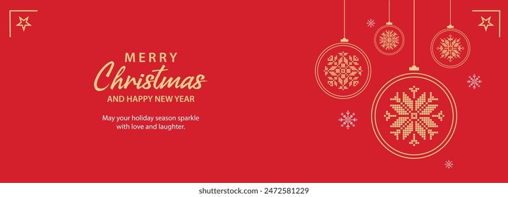 Luxuriöses Rot und Gold Vektorgrafik Weihnachtsmusiken Banner-Design mit eleganten hängenden Ornamenten, Schneeflocken und festliche Grüße für Festliche Musik Dekorationen