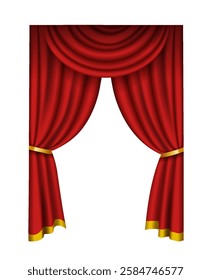 Luxurious red stage curtains with golden trim, elegantly draped and tied back, on a white background. Concept of theater, performance, and drama