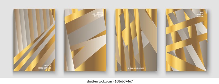Luxurious and rich cover vector illustration set, golden foil and gold lines. Beige white abstract background template invitation. Geometric shapes trendy pattern for design presentation, print, web