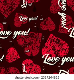 Luxurious romantic seamless pattern. Light inscriptions, transparent drops, red textured hearts are randomly located on a black background. 3D effect. Vector.