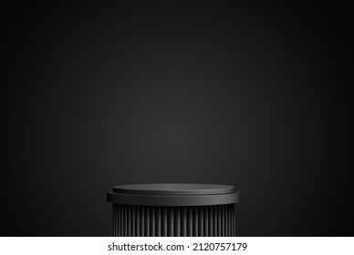 Luxurious round black podium in a black empty room. Abstract vector rendering of a 3d shape for the presentation. Minimal stage, studio.