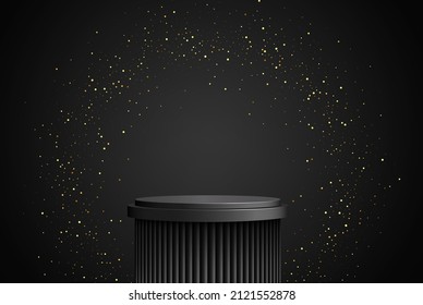 Luxurious Round Black Podium In A Black Empty Room With Gold Glitter In A Circle.Abstract Vector Rendering Of A 3d Shape For The Presentation Of Cosmetic Products. Mini Stage, Studio.