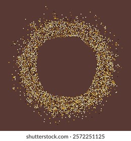 Luxurious round frame made of golden glitter dots with empty center for text. Perfect for holiday designs, the intricate dotted pattern. Abstract golden glittering circle made of yellow golden dots.