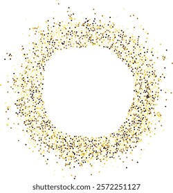 Luxurious round frame made of golden glitter dots with empty center for text. Perfect for holiday designs, the intricate dotted pattern. Abstract golden glittering circle made of yellow golden dots.