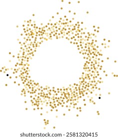 Luxurious round frame made of golden glitter dots with empty center for text. Perfect for holiday designs, the intricate dotted pattern. Abstract golden glittering circle made of yellow golden dots.