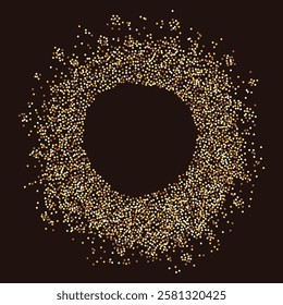 Luxurious round frame made of golden glitter dots with empty center for text. Perfect for holiday designs, the intricate dotted pattern. Abstract golden glittering circle made of yellow golden dots.
