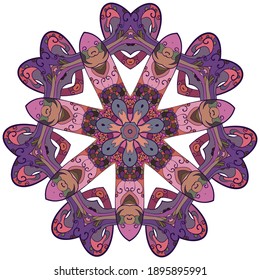 Luxurious round heart pattern in zentangle style, beautiful freehand illustration, decoration print of colored lines and patterns
