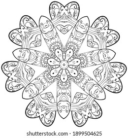 Luxurious round heart pattern in zentangle style, beautiful freehand illustration, decorative print of black lines and patterns
