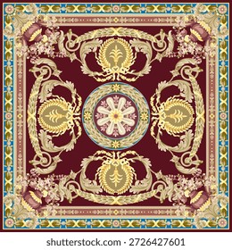 Ein luxuriöses Teppichdesign im Savonnerie-Stil mit aufwändigen goldenen Akanthus-Rollen und eleganten floralen Medaillons auf einer reichhaltigen bordeauxfarbenen Kulisse.