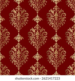 Luxurious seamless damask pattern in gold on deep red background. Suitable for wedding invitations, festive packaging, royal interiors, and luxury branding.