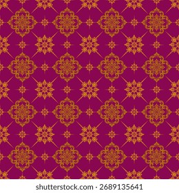 Um luxuoso padrão de damasco sem costura em ouro destaca-se contra um fundo rosa-vermelho.