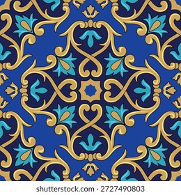Luxuoso padrão damasco sem costura com ornamentos barrocos dourados e acentos turquesa no fundo azul real