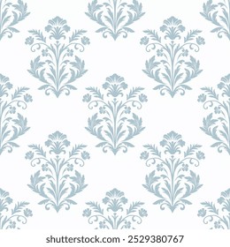 Luxurious seamless damask pattern in light blue tones, featuring delicate floral elements and intricate designs. Perfect for wallpapers, fabrics, interiors, textiles and classic design projects.