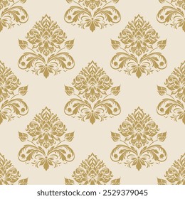 Lujoso patrón de damasco floral sin costuras en tonos beige y dorado, perfecto para Fondo de pantalla, textiles, telas, diseño de interiores, temas vintage y Elementos de diseño de lujo.