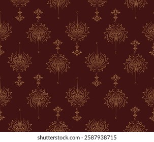 Luxurious seamless floral damask pattern with golden ornamental details on a dark brown background. Elegant and decorative design for wallpapers, textiles, and backgrounds. Vector illustration