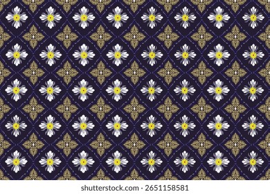 A luxurious seamless floral pattern featuring white hand-drawn flowers with yellow centers, alternating with intricate golden ornamental motifs. The design is set against a deep navy blue background, 