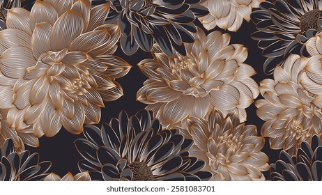 Luxurious seamless floral pattern with hand drawn dahlia flowers. Abstract pattern for fabric, wallpaper, interior design, invitations.