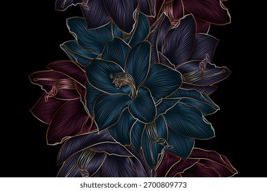 Lujoso patrón floral sin fisuras con flores de amaryllis dibujadas a mano. Patrón Abstractas para tela, Fondo de pantalla, diseño de interiores, invitaciones.