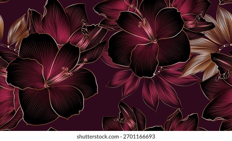 Luxuriöses nahtloses Blumenmuster mit handgezeichneten Lilien- und Amaryllisblumen. Abstraktes Muster für Stoff, Tapete, Innenarchitektur, Einladungen.