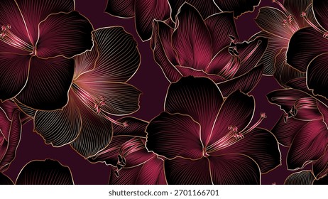 Luxurious seamless floral pattern with hand drawn lily and amaryllis flowers. Abstract pattern for fabric, wallpaper, interior design, invitations.