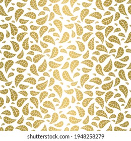Patrón geométrico lujoso y sin costuras con hojas doradas rayadas que caen sobre fondo blanco. Resumen vector elegante para papel pintado, papel envolvente, decoración casera y telas de moda.  
