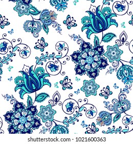 Luxurious seamless oriental ornament with fantastic flowers and paisley. Floral wallpaper. Decorative ornament for fabric, textile, wrapping paper.