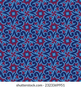 Luxurious seamless pattern in blue burgundy tones. Art forms are grouped and arranged in a specific order. Vector image for print, textile, packaging, interior design and your other projects.