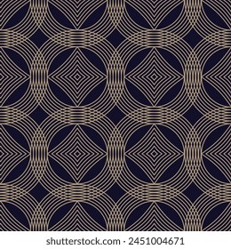 A luxurious seamless pattern in blue and gold, featuring circles ornate geometric shapes and elegant lines. Perfect for textile, wrapping paper, or background designs. Not AI.