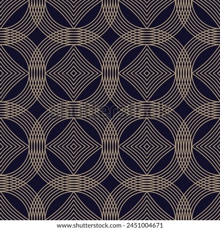 A luxurious seamless pattern in blue and gold, featuring circles ornate geometric shapes and elegant lines. Perfect for textile, wrapping paper, or background designs. Not AI.
