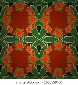 Luxurious seamless pattern of brown, green and orange ornament with stylized waves. Vector illustration.