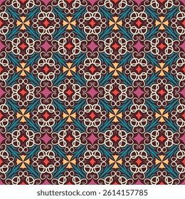 Luxurious seamless pattern with curls. Overlapping art forms, stripes, polygons, segments are grouped and arranged in a certain order. Vector. 