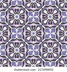 Luxurious seamless pattern in delicate purple tones. Overlapping art forms, stripes, polygons, segments are grouped and arranged in a certain order. Vector. 