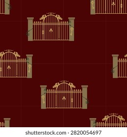 A luxurious seamless pattern featuring classic wrought iron gates, an antique gold key, and trailing green vines on a deep burgundy background, inspired by dark academia aesthetics.