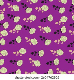 A luxurious seamless pattern featuring delicate cream roses with black and beige leaves against a deep purple background. Perfect for fashion textiles, wallpapers, stationery, and elegant packaging.