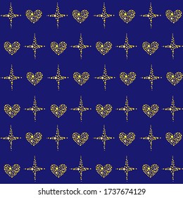 Lujoso patrón impecable con corazones dorados y estrellas en el fondo negro. Hermosa textura infinita con destellos dorados para mago. Ilustración vectorial para la decoración