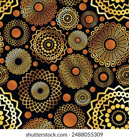 Luxurious seamless pattern with golden mandalas. Vector illustration for print, fabric, cover, packaging, interior decor, blog decoration and other your projects.