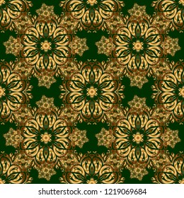 Luxurious seamless pattern of golden ornament with stylized waves on a green background. Vector illustration.