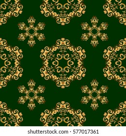 Luxurious seamless pattern of golden ornament with stylized waves on a green background. Vector illustration.