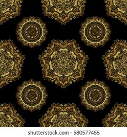 Luxurious seamless pattern of golden ornament with stylized waves on a black background. Vector illustration.