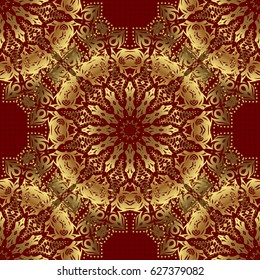 Luxurious seamless pattern of golden ornament with stylized waves on a red background. Vector illustration.