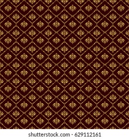 Luxurious seamless pattern of golden ornament with stylized waves on a brown background. Vector illustration.