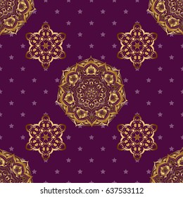 Luxurious seamless pattern of golden ornament with stylized waves on a purple background. Vector illustration.