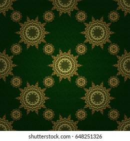 Luxurious seamless pattern of golden ornament with stylized waves on a green background. Vector illustration.
