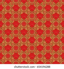 Luxurious seamless pattern of golden ornament with stylized waves on a red background. Vector illustration.