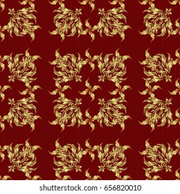Luxurious seamless pattern of golden ornament with stylized waves on a red background. Vector illustration.